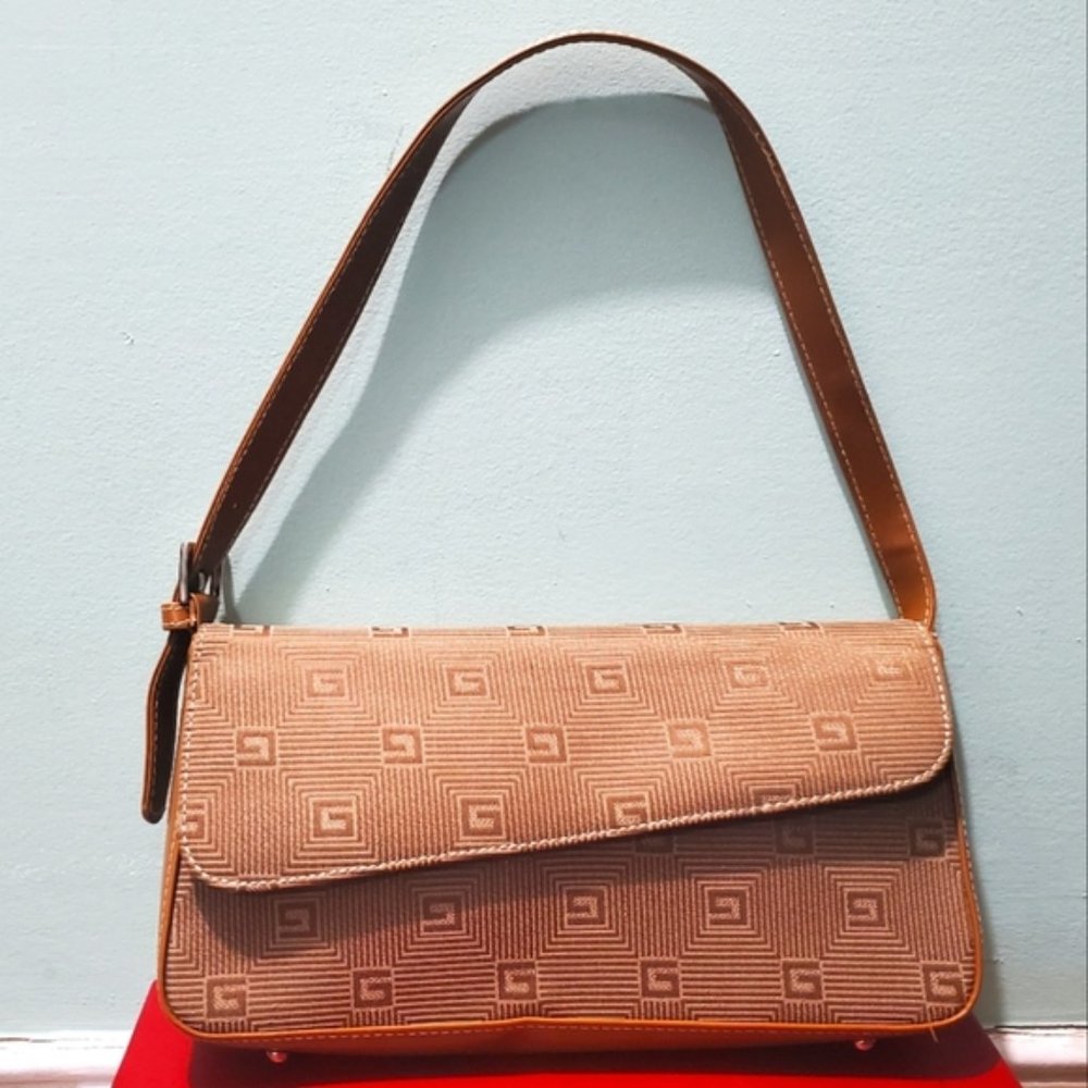 NEW VINTAGE Brown Monogram Logo Asymmetrical Flap Leather Trim Stud Shoulder Bag